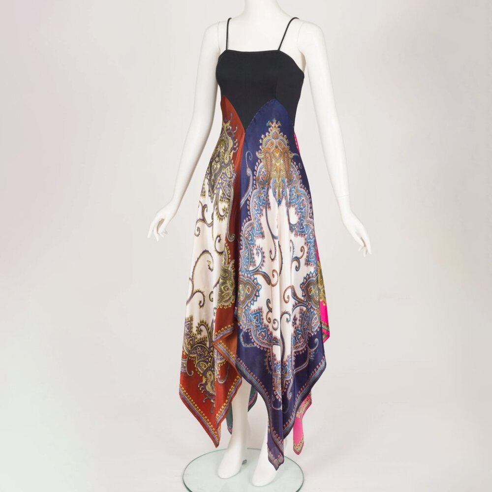 1970s Vintage Printed Scarf Skirt Handkerchief Hem Maxi Dress Sz XS - Picture 4 of 9